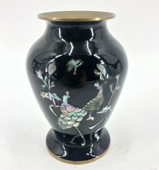 Korean Black Enamel Over Brass Mother Of Pearl Inlay Vase Peacock Asian 4.  5 "