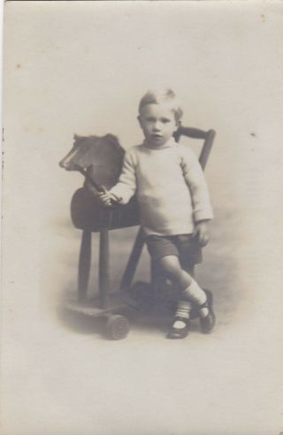 Old Photo Children Boy Toy Wooden Horse Push Along Cv578