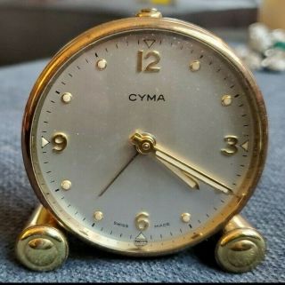 Vintage; Cyma Watch Co.  Swiss Brass Travel Art Deco Alarm Clock Cond.
