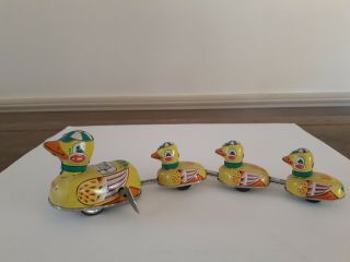 Vintage 1970s Blic China Tin Wind Up Walking Duck Family Funny Action 11 " Toy
