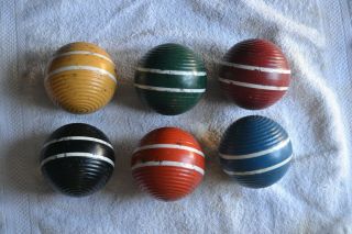 Vintage Set Of 6 Ribbed 2 Striped Croquet Balls 3 - 1/4 " Diameter