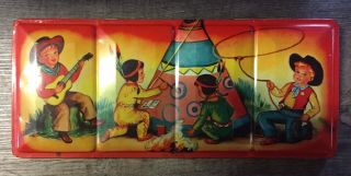 Vtg Lithograph Tin Box Watercolor Paint Set Cowboys Indians Toy Made In England