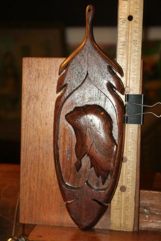 Vintage Hand Carved Hard Wood Native American Feather Brave Walnut Wall Plaque