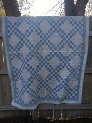 Vintage Handmade Handstitched Patchwork Quilt Blue White 58” X 76” Twin