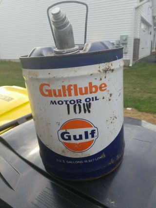 Rare Vintage Gulf Gulfpride Motor Oil Can 5 - Gallon