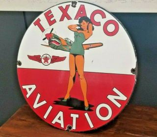 Vintage Style Texaco Gasoline Porcelain Military Pin Up Girl Service Pump Sign