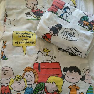 Vtg Peanuts Snoopy Charlie Brown 2 Piece Twin Sheet Set 1971 Happiness Gang
