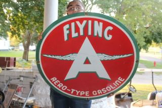 Large Flying A Aero - Type Gasoline Airplane Gas Oil 30 " Porcelain Metal Sign