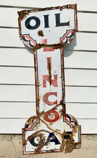 Rare Large Vintage Double Sided Linco Oil Ohio Oil Gas Porcelain Sign.