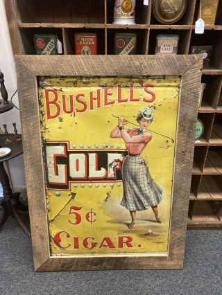 Pre 1901 Framed Bushell’s Golf Cigar Embossed Tin Sign Standard Adv Coshogton Oh