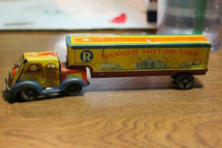 Vintage Tin Litho Wind Up No 99 Ranger Motor Line Tractor Trailer Truck Toy