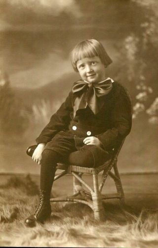 Little Edwardian Boy W Big Bow Tie Knickers Rattan Chair - Antique Sepia Photo