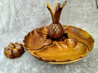 Vintage 7 - Piece Monkey Pod Wooden Lazy Susan With Turntable,  Bowls,  & Toppers