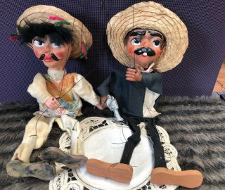 Vintage Mexican Man X2 Marionette Folk Art Wooden Sombrero String Puppets