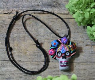 Catrina Or Frida Sugar Skull Fun Day Of The Dead Necklace Handmade Puebla Mexico