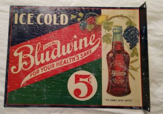 Rare 1920s Bludwine Soda Flange Vintage Advertising Soda Metal Sign