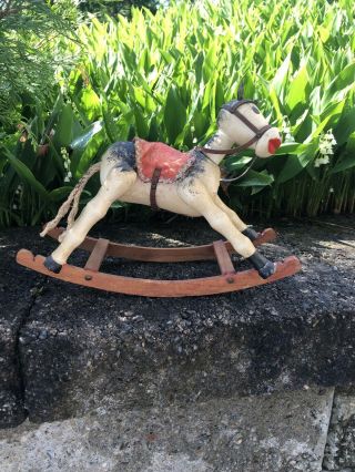 Vintage Wooden Rocking Horse Made In Spain Old Toy 1970s