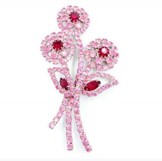 Vintage Pink Red Rhinestone Flower Brooch Bouquet Pin