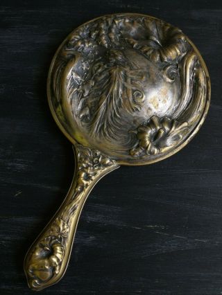 Vintage 10 " Art Nouveau - Style Silver Plated Relief Hand Mirror