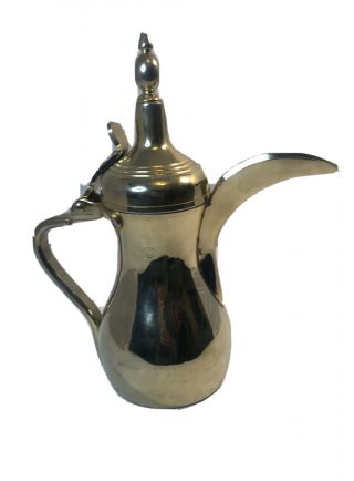 Vintage Arabic Dallah Coffee Tea Pot Ewer Turkish Brass Etched Pitcher