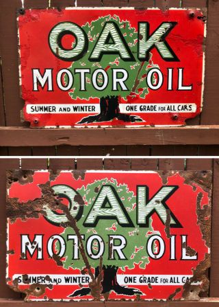 Rare Vtg 20s Oak Motor Oil Double Sided Porcelain Sign 26”x16.  75” Frontier Co Ny