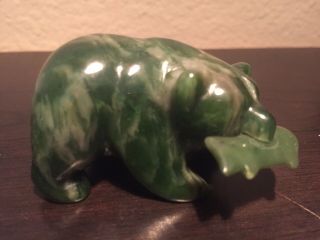 Zuni Hand Carved Fetish Green Mineral Bear With Salmon