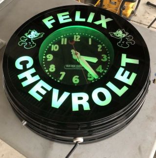 Vintage Felix Chevrolet Glo Dial Reverse Glass Metal Neon Clock 22” Gas Oil Sign