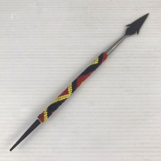 Decorative Handcrafted African Metal Spear Black Red Yellow Beadwork 9.  75 " Long