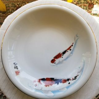 Japanese Koi Fish Porcelain Shallow Bowl Display - Red Black White