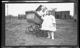 Wicker Baby Buggy With Baby & Toddler Sister - Antique B&w Negative 1900 - 1910