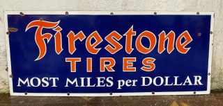 Vintage " Firestone Tires " Porcelain Enamel Sign 48 " X20 "