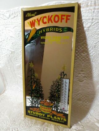 VINTAGE WYCKOFF HYBRID SEED CORN CO INDIANA ADVERTISING MIRROR THERMOMETER SIGN 3