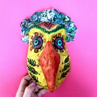 Mexican Folk Art Day Of The Dead Bird Painted Mask Paper Mache Wall Art Hanging