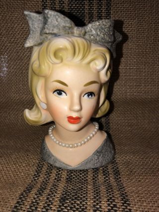 Vintage Lady Head Vase Relpo Japan K1696 Pearls Blonde Blond Hair With Bow