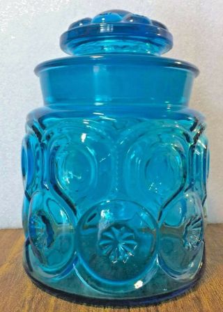 Vintage Le Smith Moon And Stars Aqua Blue Glass Medium Canister Jar With Lid 7 "
