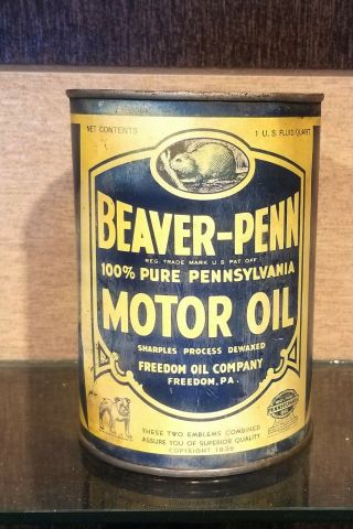 1930s Beaver Penn One Quart Motor Oil Can Freedom Oil Company Freedom Pa