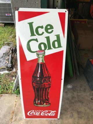 Old " Coca Cola " Large Heavy Porcelain Advertising Sign,  (39 " X 14 ")