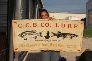 Large The Creek Chub Bait Co.  Fishing Lure Rod Reel Gas Oil 48 " Metal Sign