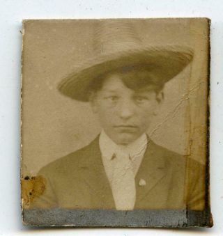 Aa204 Vtg Photo Thumbnail,  Boy In Suit & Hat C Early 1900 