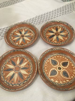 Set Of 4 Vintage Mexican Pottery Plates - Clay Handmade/handpainted 6.  5 "