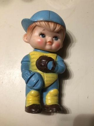 Vintage 1971 Iwai Industrial Co.  Squeaky Toy Boy Baseball Player Catcher