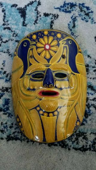 Mexican Folk Art Hand Painted Clay Mask Wall Hang Multi Color Curved