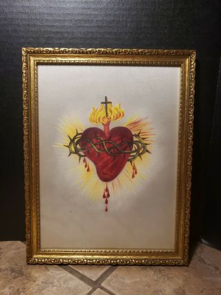 Vtg Framed Sacred Heart Of Jesus Christ Painted On Silk Catholic Devotion 13x10