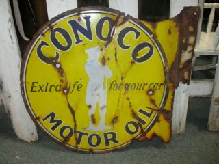 Old Porcelain Ds Conoco Minuteman Flange Metal Advertising Sign 22x19