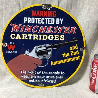 Vintage Winchester Cartridges Porcelain Sign Pistols " The 2nd Amendment "