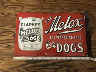 Vintage Clarke’s Melox Dog Food English Enamel 2 Sided Flange Sign
