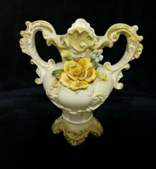 Capodimonte Porcelain Two Handled Floral Vase Vintage (italy) 8.  5” Tall