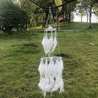 Double Circle White Feather Dream Catcher With Mobile Led Fairy Lights Handmade