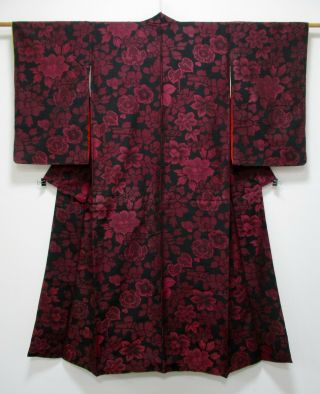 Japanese Silk Antique Kimono / Omeshi / Black & Purple / Flower / Vintage /419