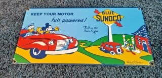 Vintage Sunoco Gasoline Porcelain Sign Gas Station Pump Plate Walt Disney Mickey
